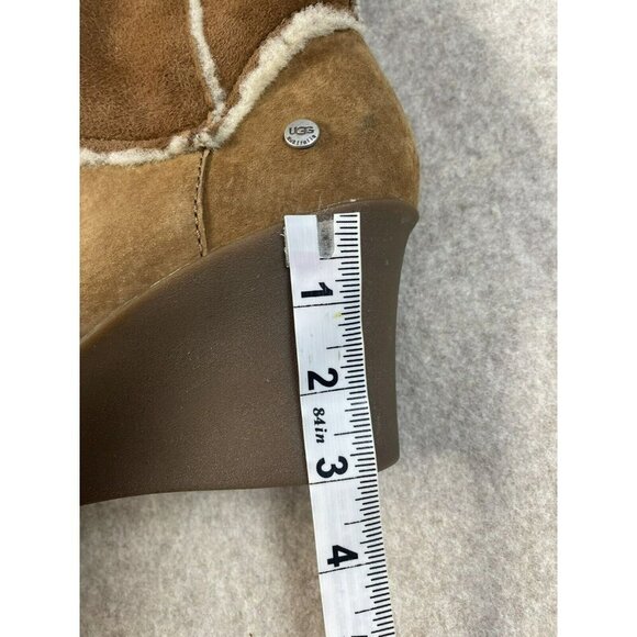 UGG Sandra Knee High Wedge Boots Women 9 Brown Leather Shearling Lined Fold Down - Picture 15 of 16